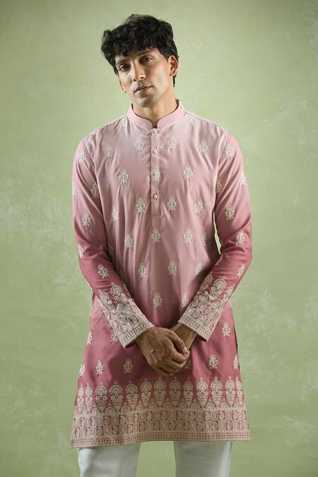 PINK COTTTON EMBROIDERY FLORAL THREAD SHADED KURTA PAJAMA SRT FOR MEN'S