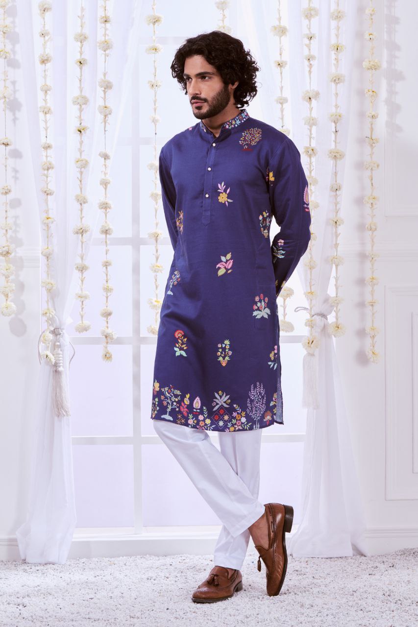 NAVY MULTI NIZAM KALAMKARI PRINTED KURTA WITH PAJAMA SET FOR MEN