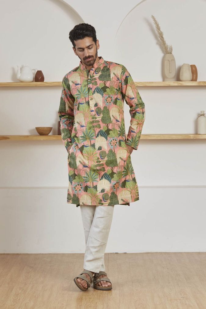 PINK WOVEN MUGHAL GARDEN AND BIRD PRINTED KURTA WITH PAJAMA SET FOR MEN