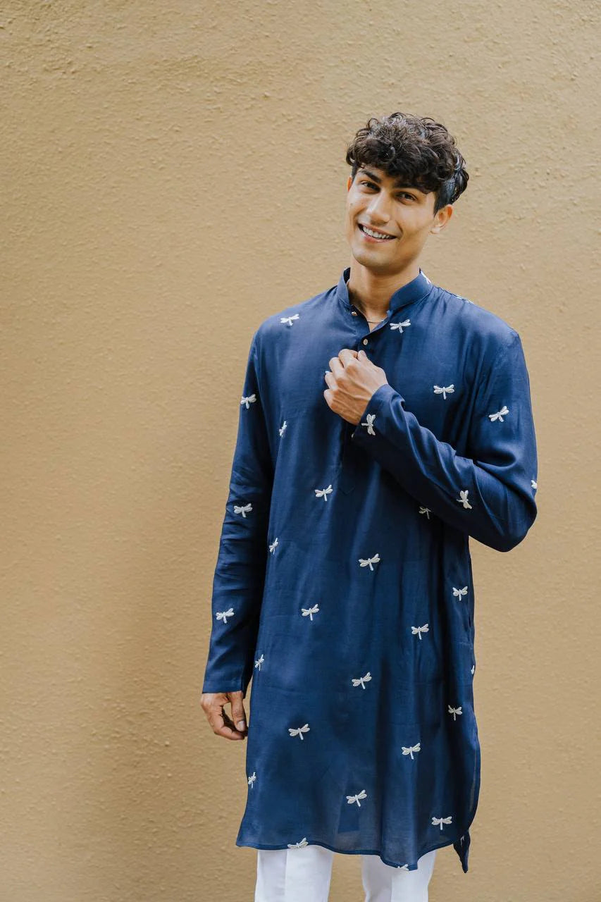 NAVY BLUE DRAGON FLY EMBROIDERY WORK KURTA WITH PAJAMA SET FOR MEN