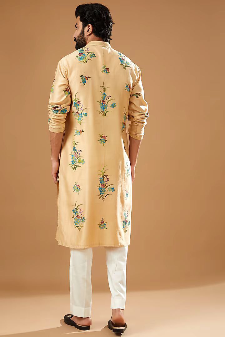 BEIGE CHANDERI HANDLOOM  PRINTED KURTA WITH PAJAMA SET FOR MEN'S