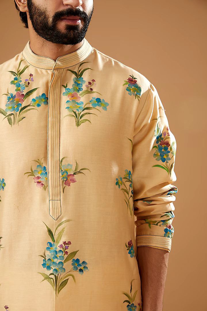 BEIGE CHANDERI HANDLOOM  PRINTED KURTA WITH PAJAMA SET FOR MEN'S