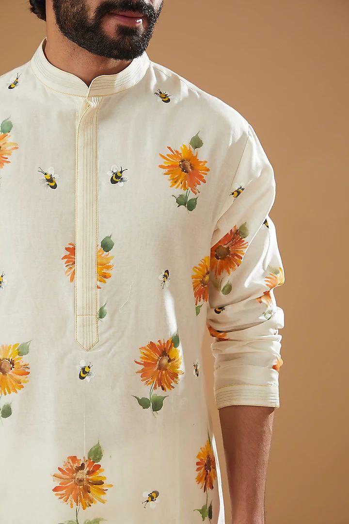 IVORY CHANDERI HANDLOOM PRINTED KURTA PAJAMA SET FOR MEN'S