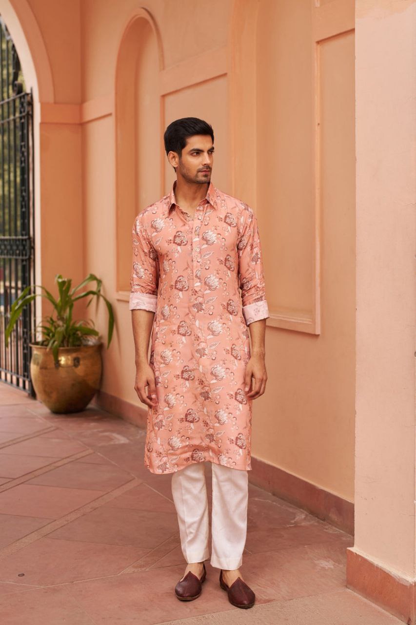 GARDENIA BLOOM COLLARED KURTA PAJAMA SET FOR MEN'S