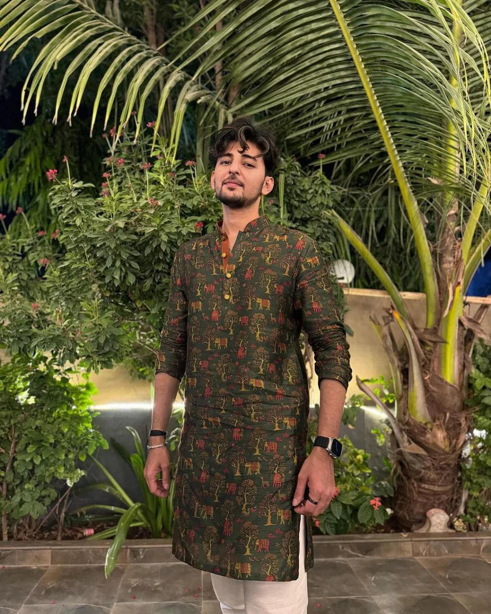 OLIVE GREEN PRINTED KURTA PAJAMA SET