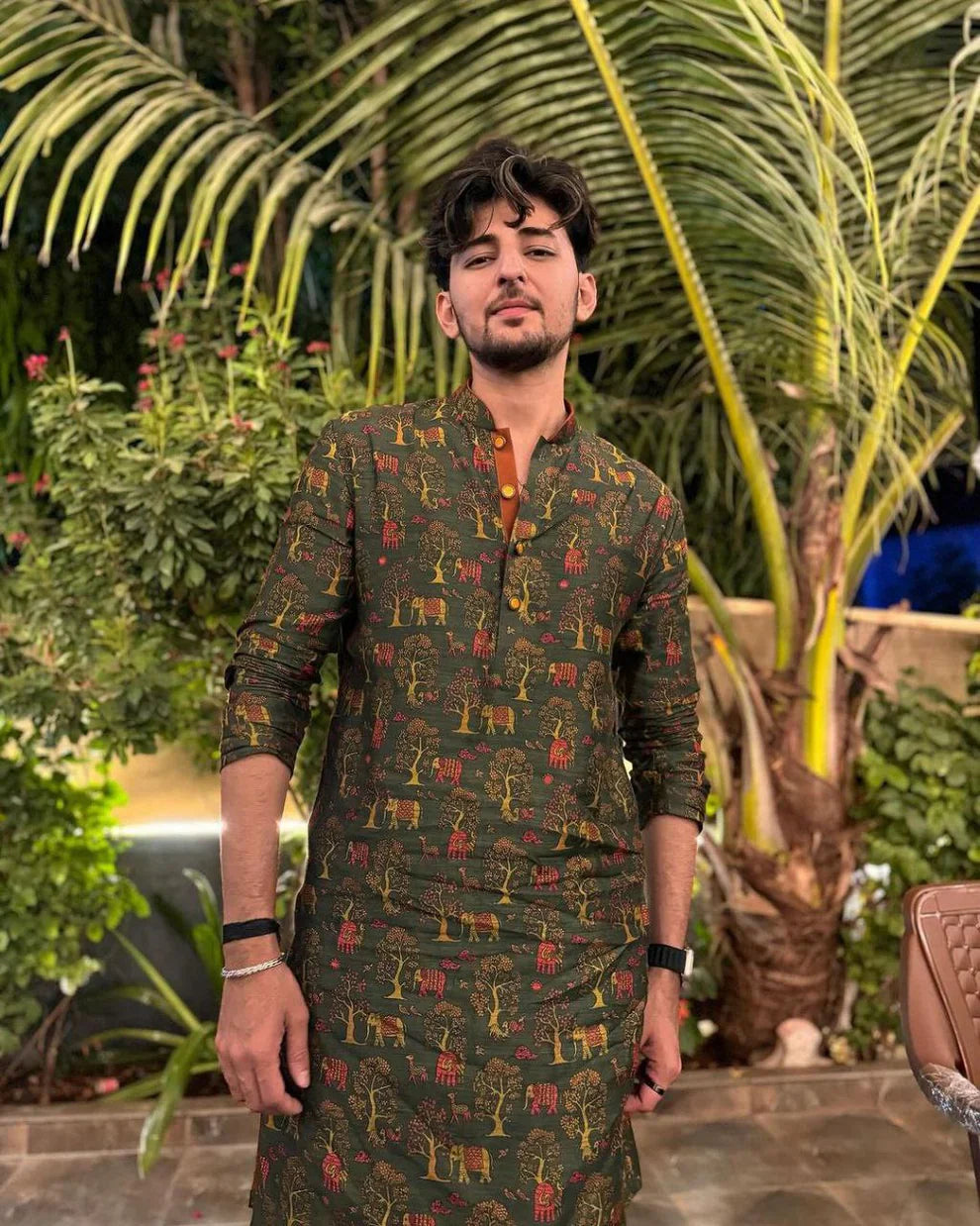 OLIVE GREEN PRINTED KURTA PAJAMA SET