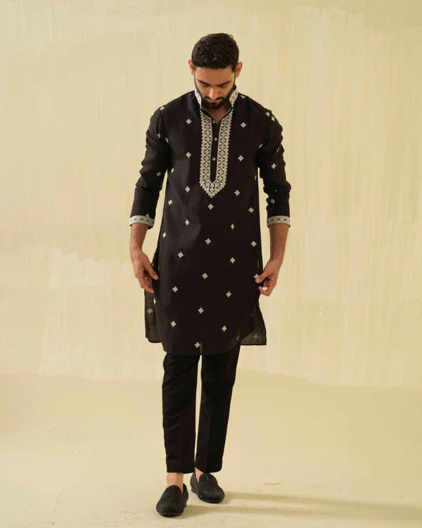BLACK NECK AND BUTTI EMBROIDERED WORK KURTA WITH PAJAMA SET