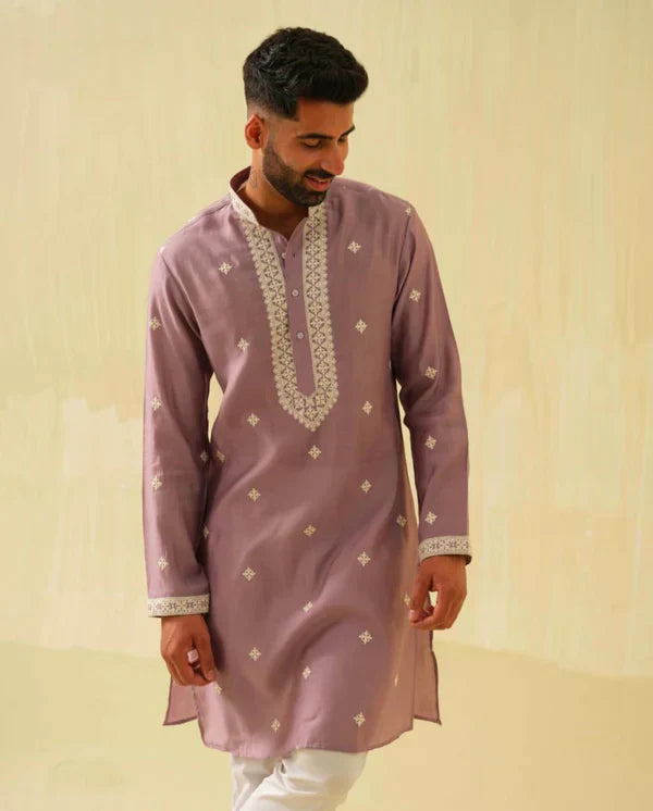 PURPLE NECK AND BUTTI EMBRO WORK KURTA WITH PAJAMA SET