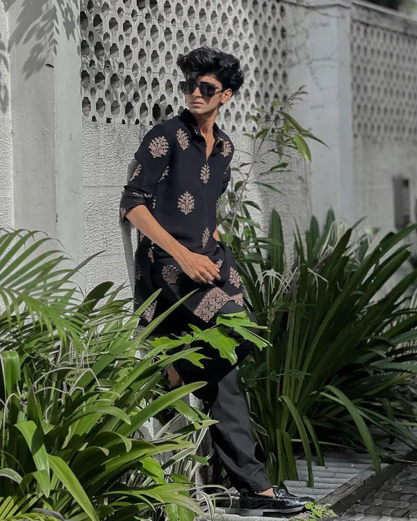 STYLISH BLACK ZIPPER N EMBROIDERED WORK KURTA WITH PAJAMA