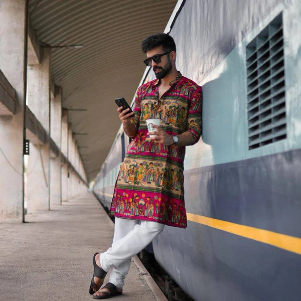 RED N CREAM BLOCK PRINTED KURTA WITH PAJAMA SET