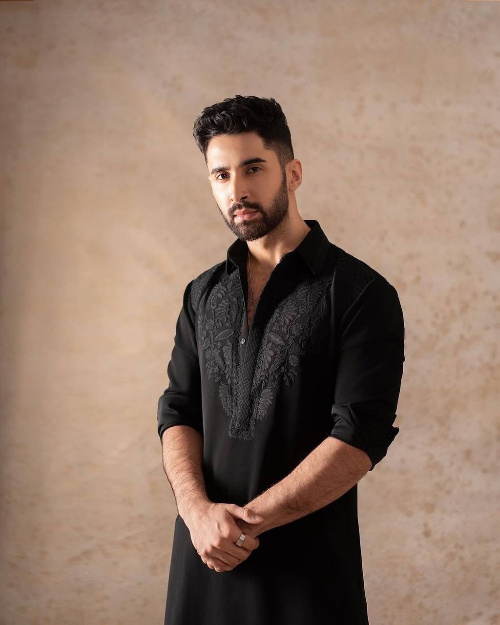 BLACK NECK COTTON EMBROIDERED WORK KURTA PAjaMA SET FOR MEN'S