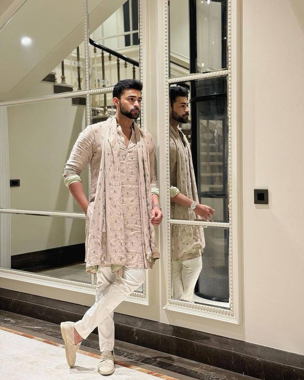 BEIGE MOTIF EMBROIDERED  WORK KURTA, PAJAMA AND DUPATTA SET FOR MEN'S
