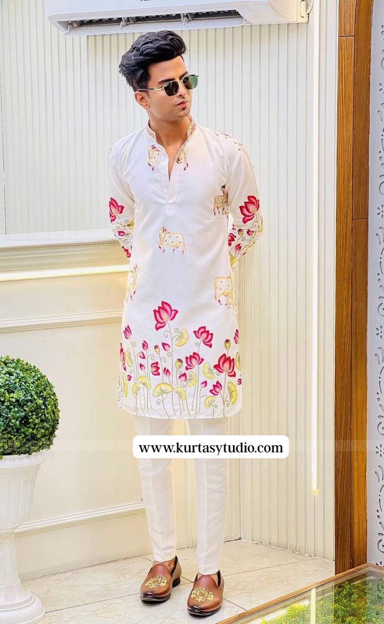 WHITE COW WITH LOTUS PRINTED KURTA SET