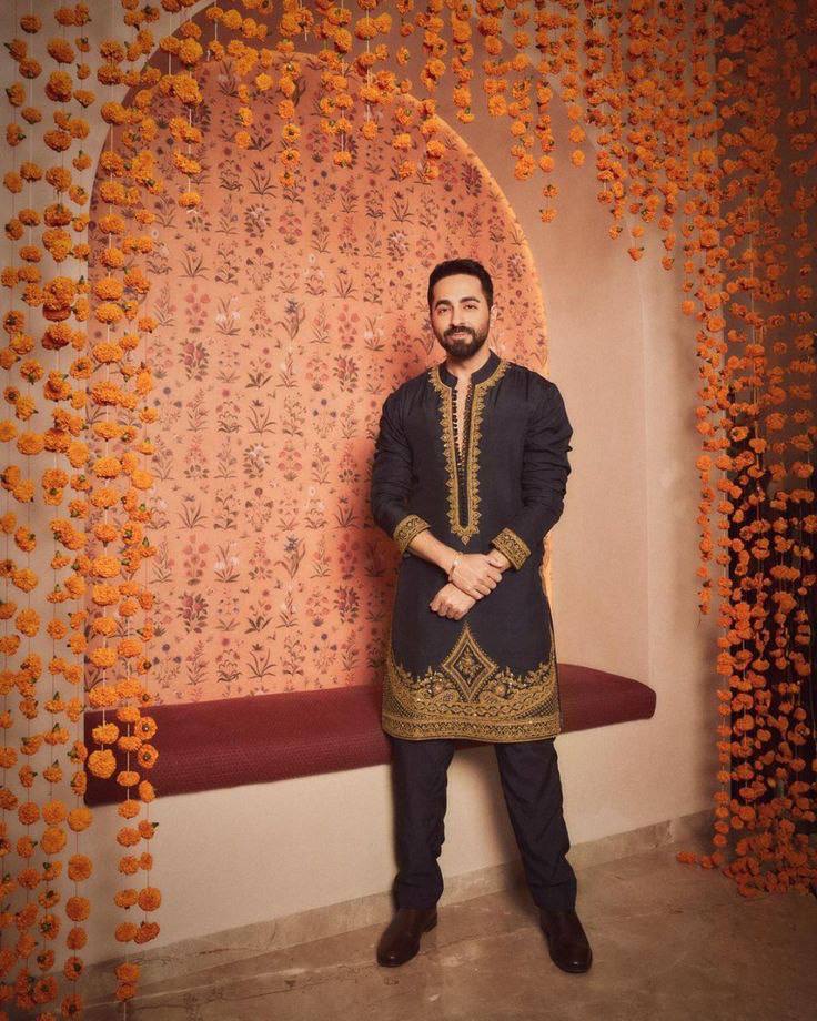 BLACK EMBROIDERED KURTA PAJAMA AND DUPATTA SET FOR MEN'S