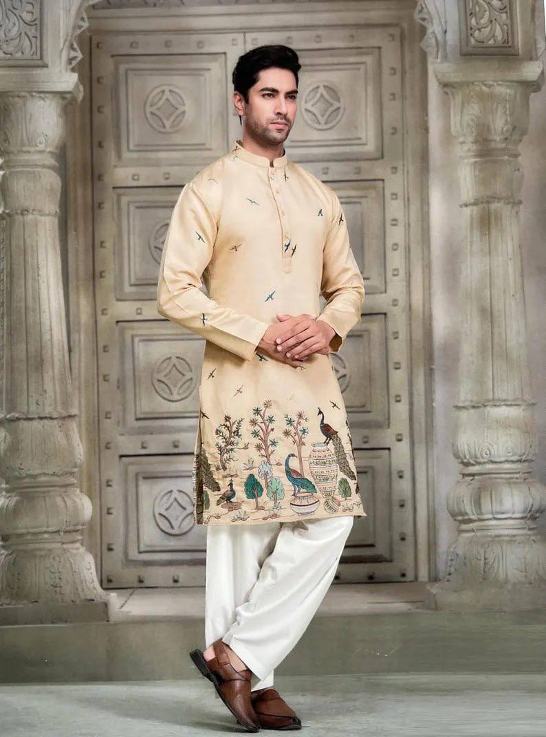 BEIGE TREE N PEACOCK DAMAN PRINTED WORK KURTA PAJAMA SET FOR MEN'S