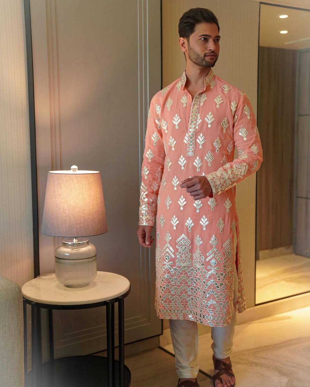 BABY PINK FOIL EMBROIDERRED KURTA PAJAMA SET FOR MEN'S