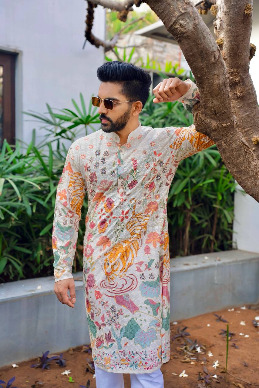TRENDY WHITE FLORAL PRINTED AND SEQUINS WORK KURTA WITH PAJAMA SET FOR MEN M / Cotton