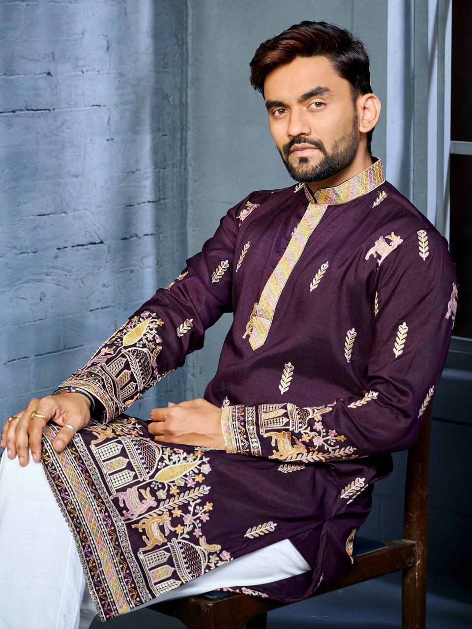 PURPLE MULTI THREAD EMBROIDERY DEER PATTERN DAAMAN CONCEPT KURTA