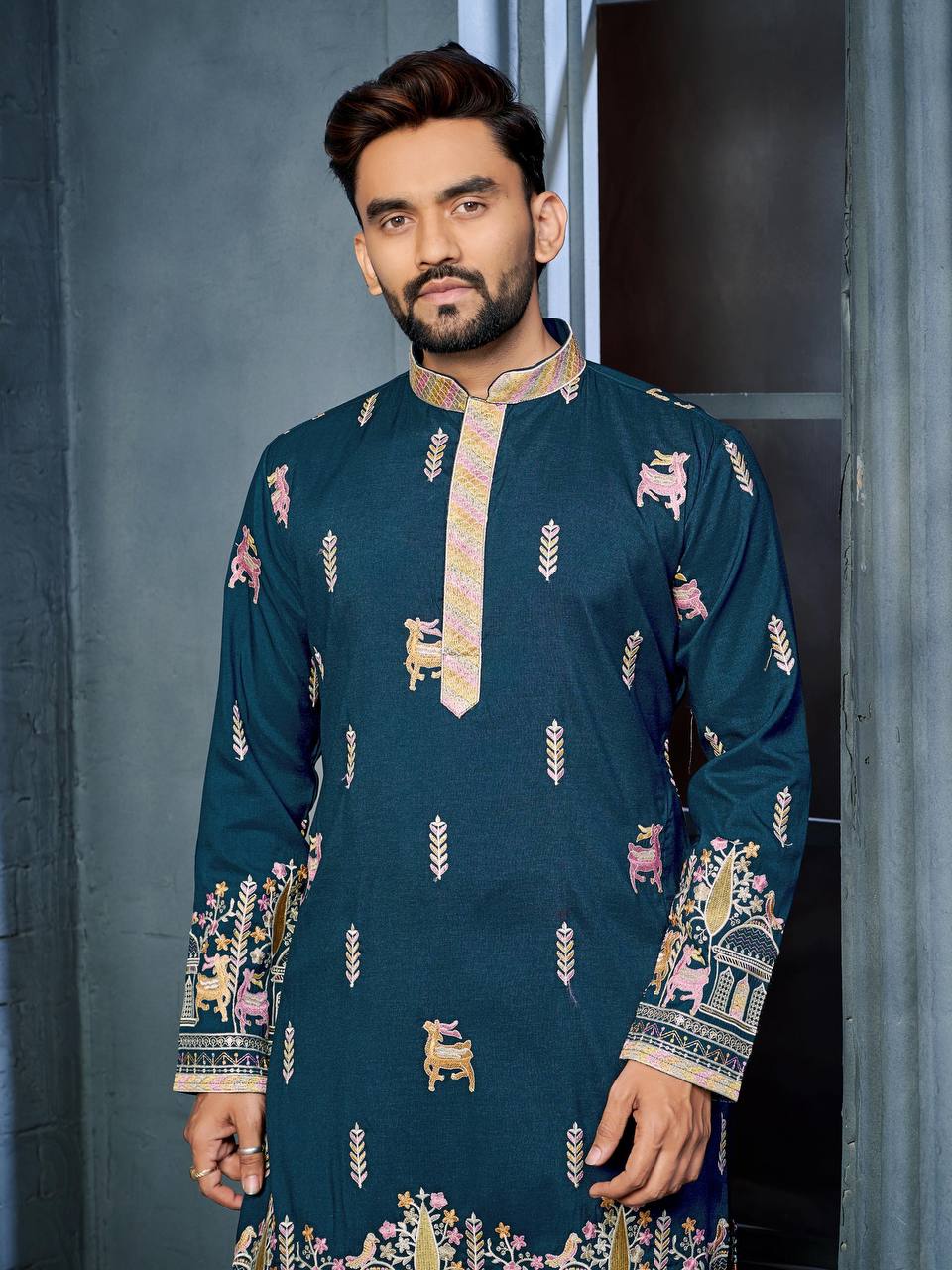 RAMA BLUE  MULTI THREAD EMBROIDERY DEER PATTERN DAAMAN CONCEPT KURTA