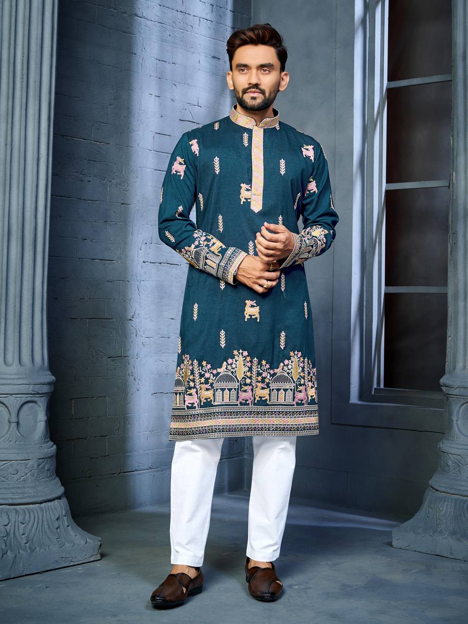 RAMA BLUE MULTI THREAD EMBROIDERY DEER PATTERN DAAMAN CONCEPT KURTA