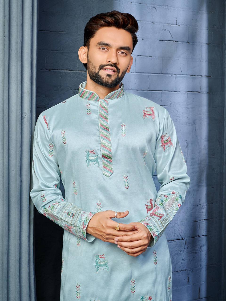 SKY BLUE  MULTI THREAD EMBROIDERY DEER PATTERN DAAMAN CONCEPT KURTA