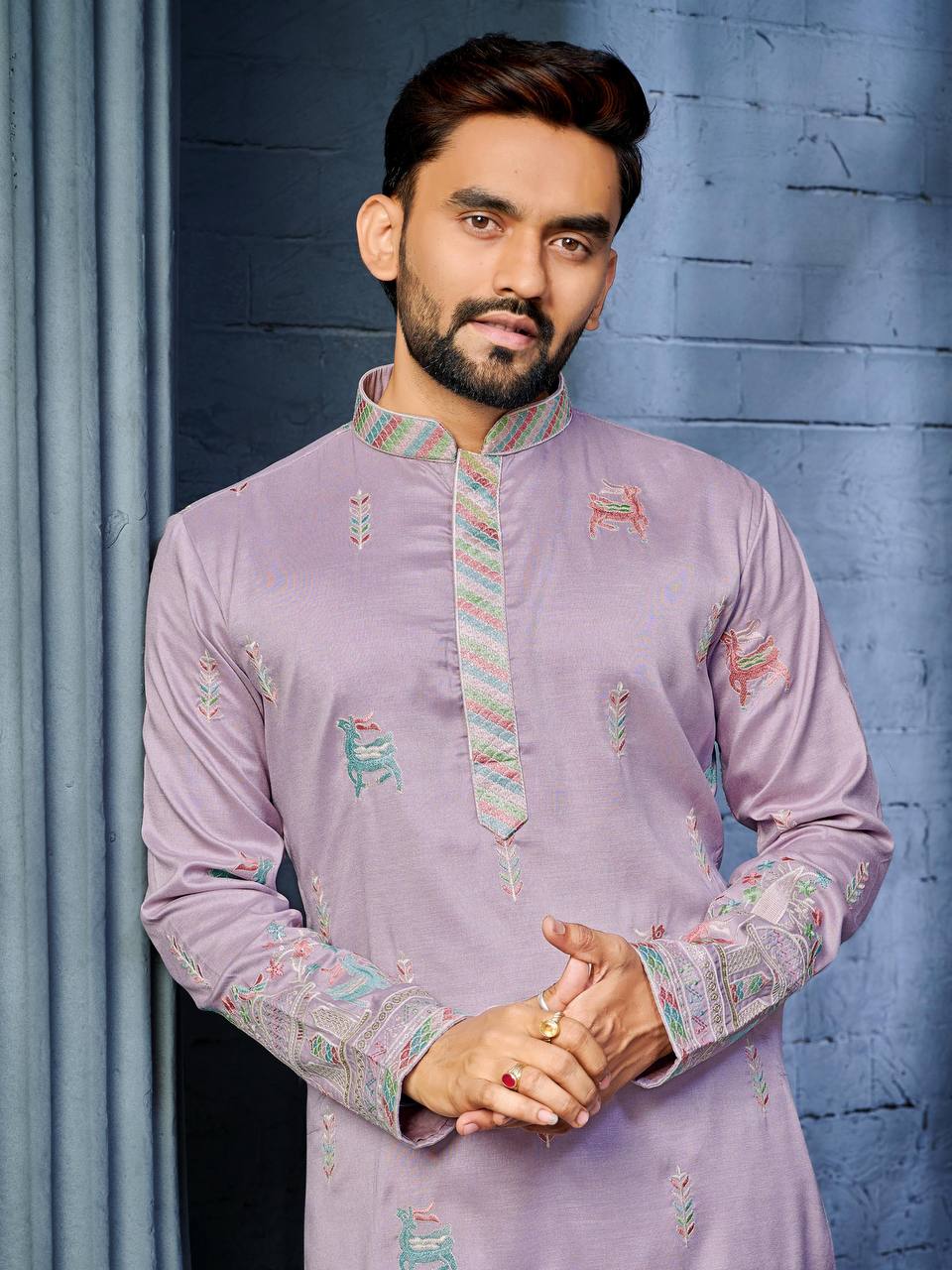 LIGHT  PURPLE MULTI THREAD EMBROIDERY DEER PATTERN DAAMAN CONCEPT KURTA