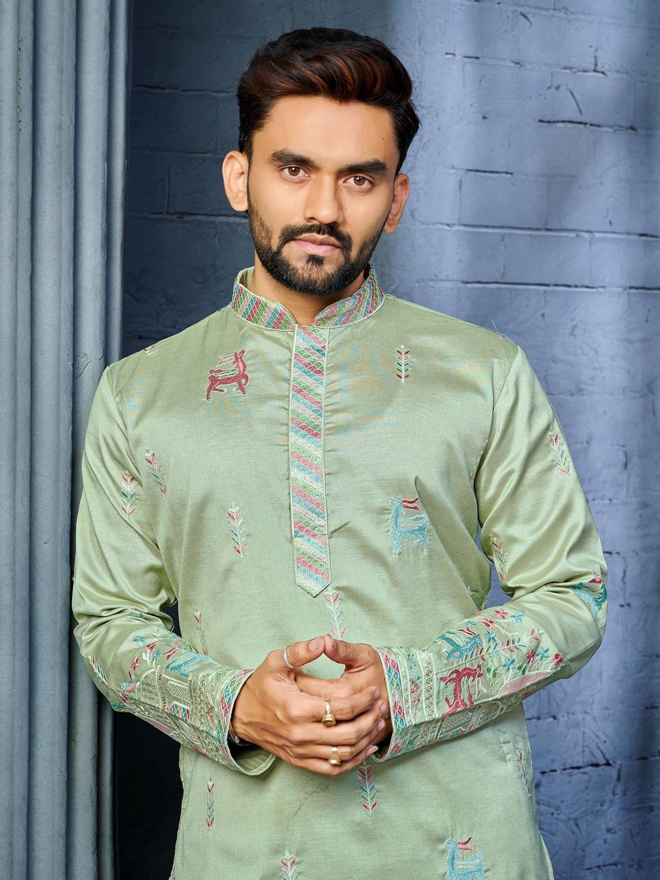 PISTA GREEN MULTI THREAD EMBROIDERY DEER PATTERN DAAMAN CONCEPT KURTA