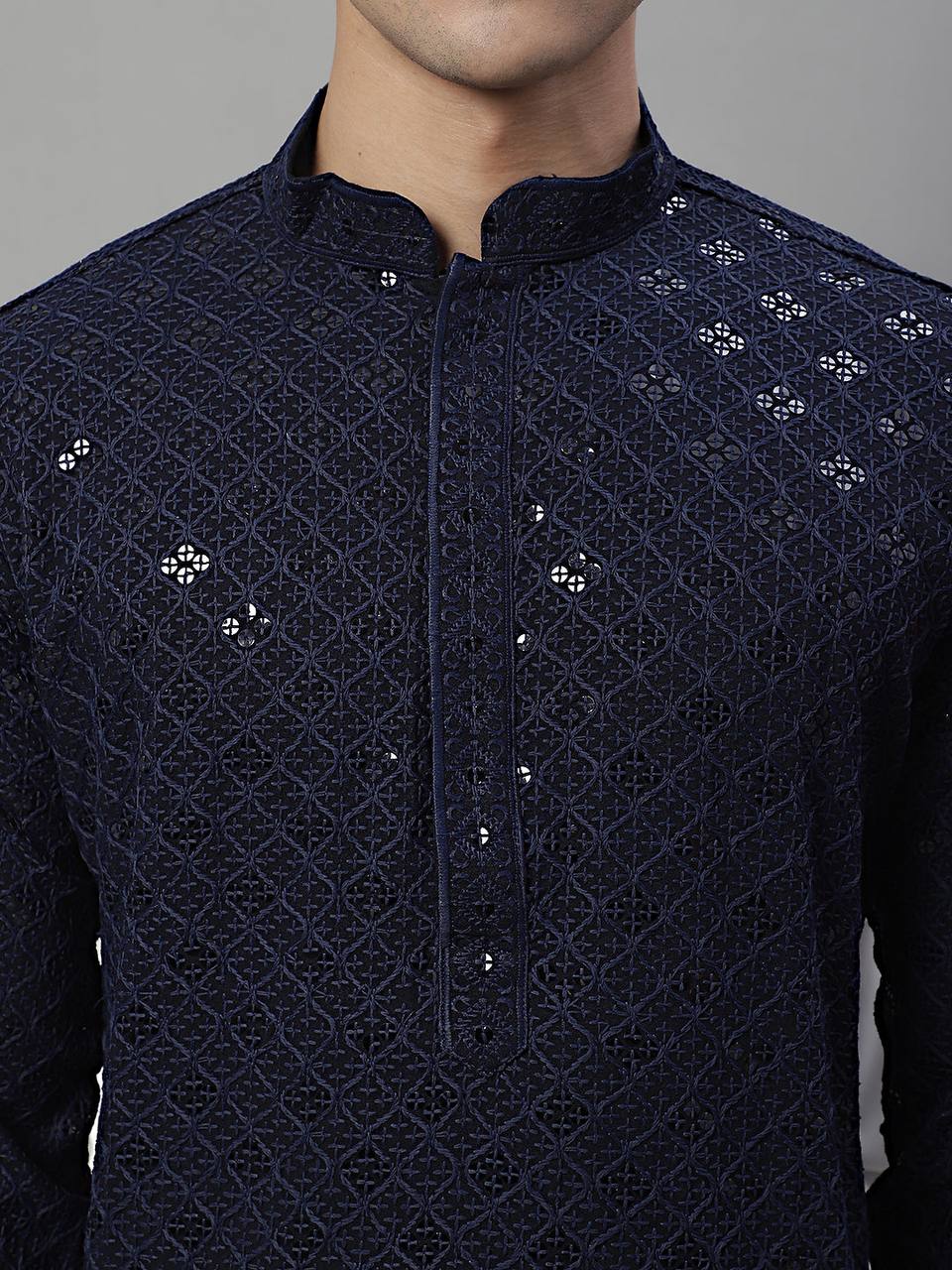 NAVY BLUE CHIKANKARI EMBROIDERED AND SEQUENCE KURTA WITH PAJAMA