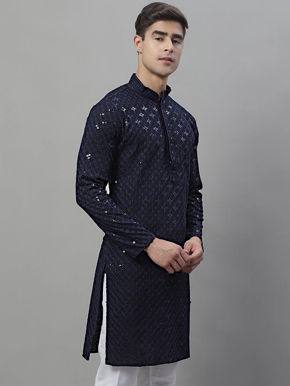 NAVY BLUE CHIKANKARI EMBROIDERED AND SEQUENCE KURTA WITH PAJAMA