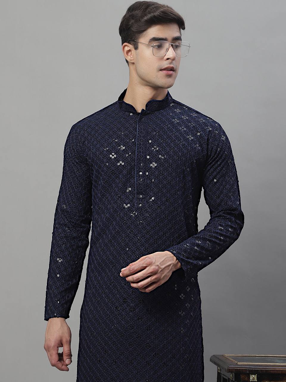NAVY BLUE CHIKANKARI EMBROIDERED AND SEQUENCE KURTA WITH PAJAMA