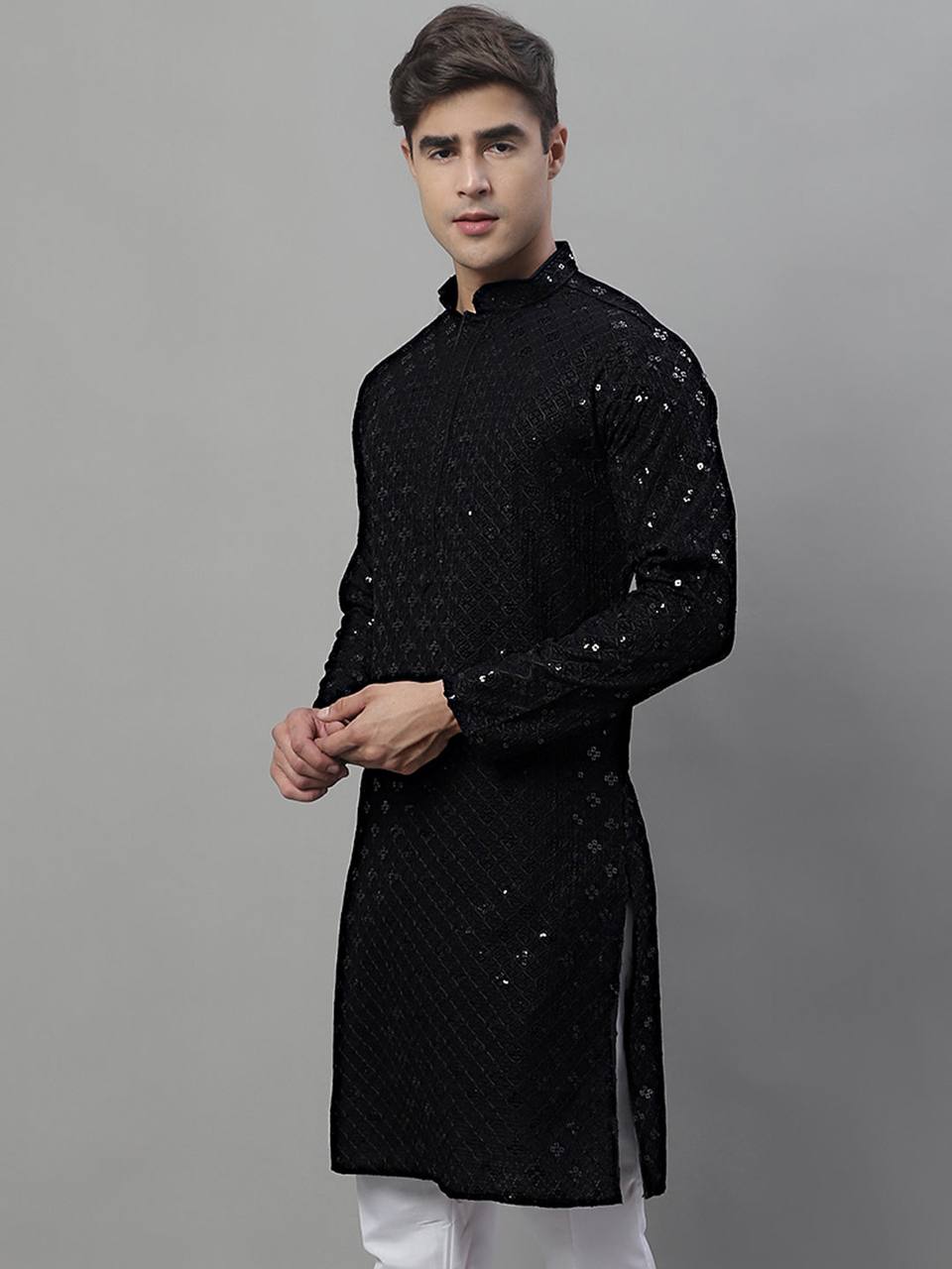 BLACK CHIKANKARI EMBROIDERED AND SEQUENCE KURTA WITH PAJAMA