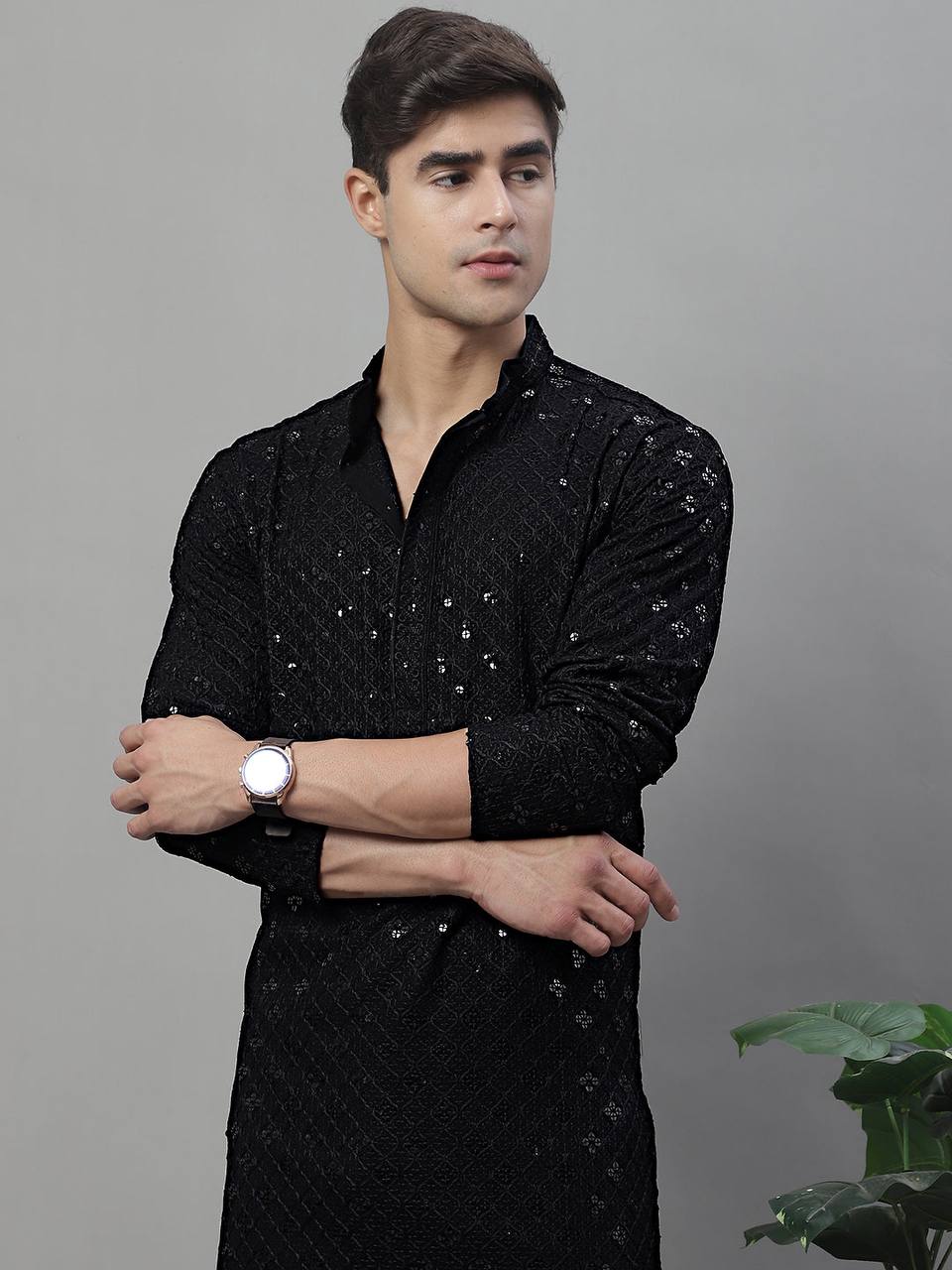 BLACK CHIKANKARI EMBROIDERED AND SEQUENCE KURTA WITH PAJAMA