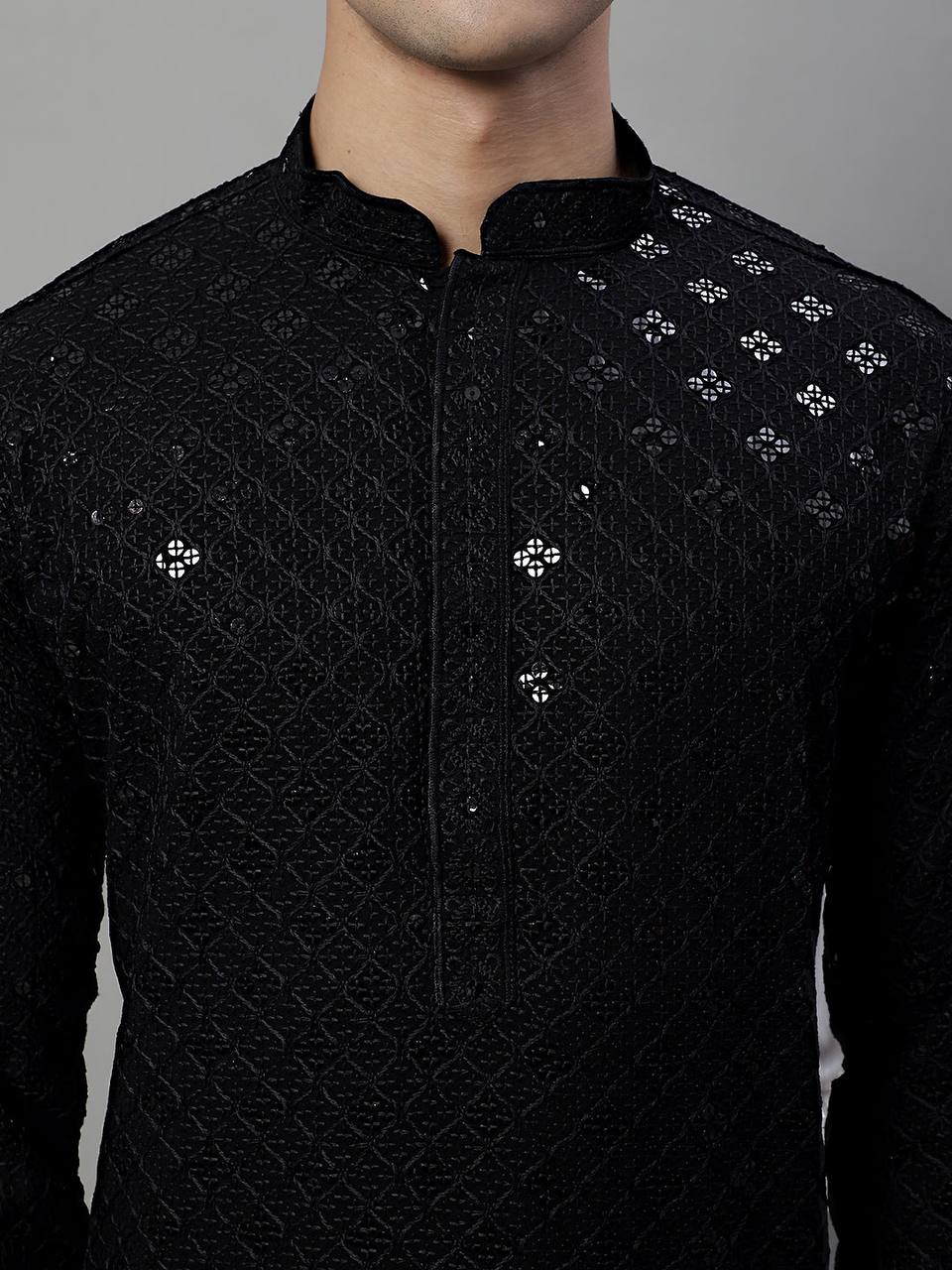 BLACK CHIKANKARI EMBROIDERED AND SEQUENCE KURTA WITH PAJAMA