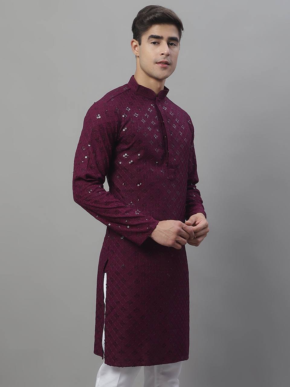 WINE CHIKANKARI EMBROIDERED AND SEQUENCE KURTA WITH PAJAMA