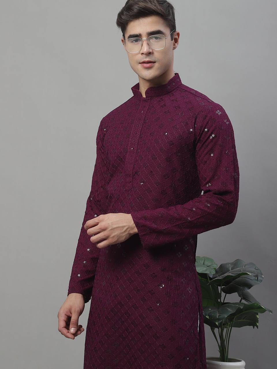 WINE CHIKANKARI EMBROIDERED AND SEQUENCE KURTA WITH PAJAMA