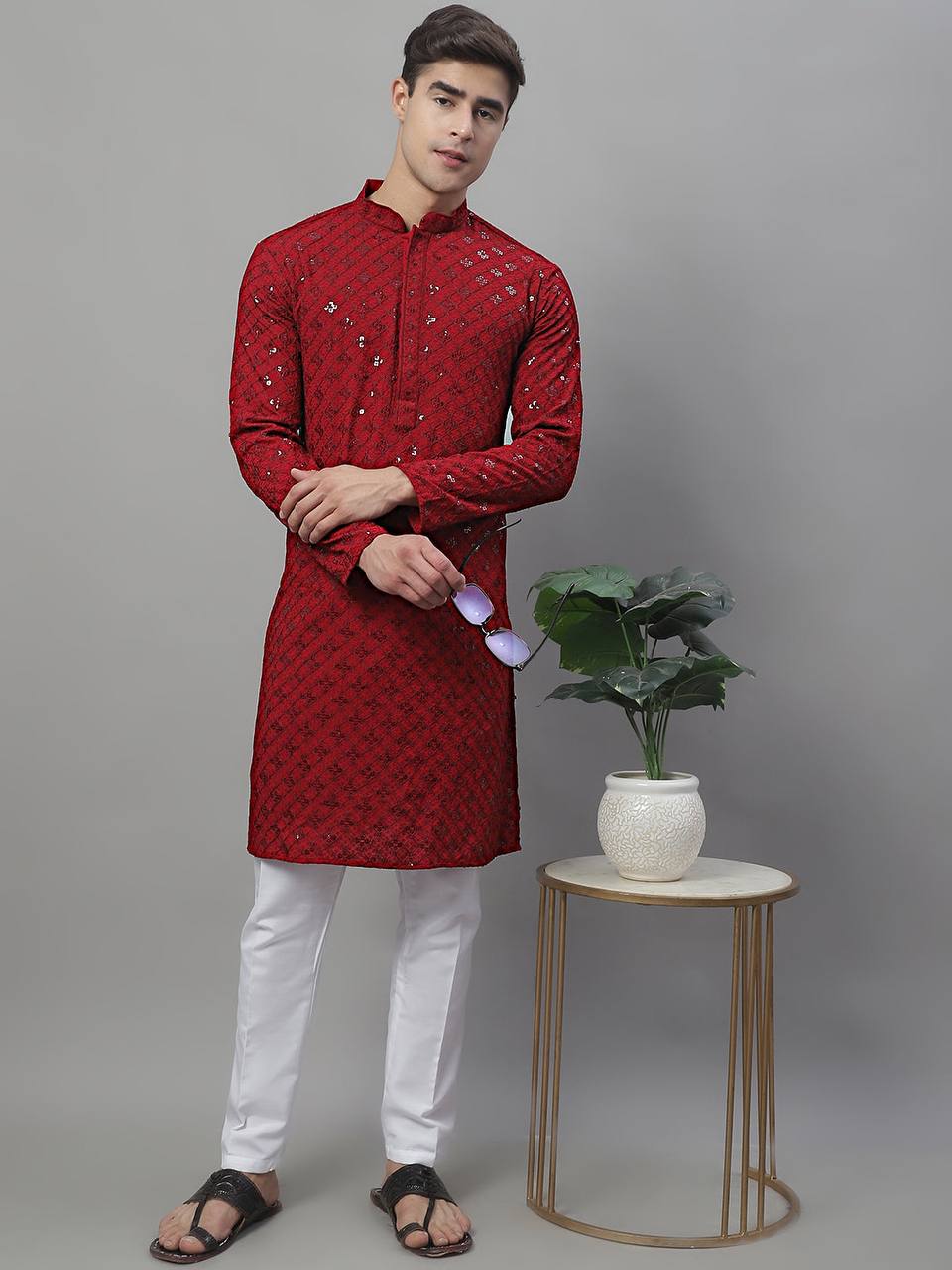 RED CHIKANKARI EMBROIDERED AND SEQUENCE KURTA WITH PAJAMA