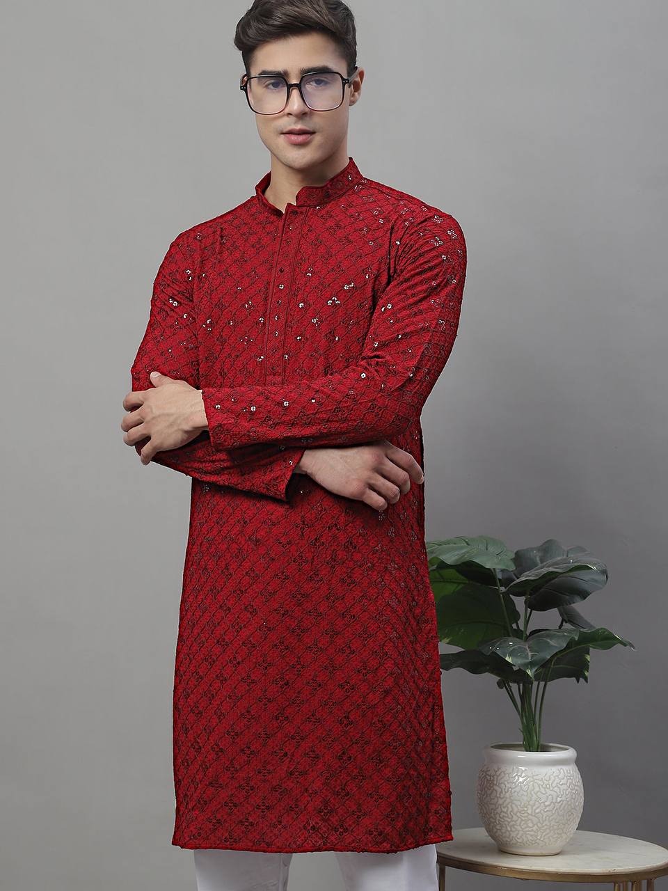 RED CHIKANKARI EMBROIDERED AND SEQUENCE KURTA WITH PAJAMA