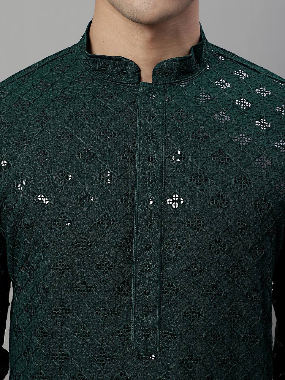 GREEN CHIKANKARI EMBROIDERED AND SEQUENCE KURTA WITH PAJAMA