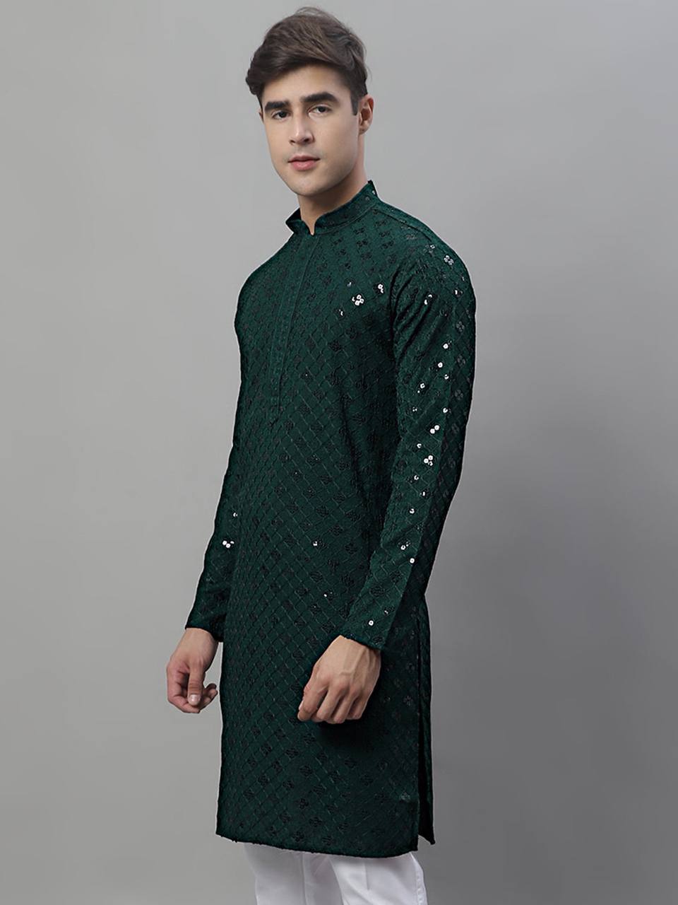 GREEN CHIKANKARI EMBROIDERED AND SEQUENCE KURTA WITH PAJAMA