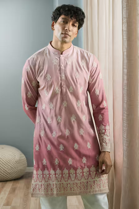PINK COTTTON EMBROIDERY FLORAL THREAD SHADED KURTA PAJAMA SRT FOR MEN'S