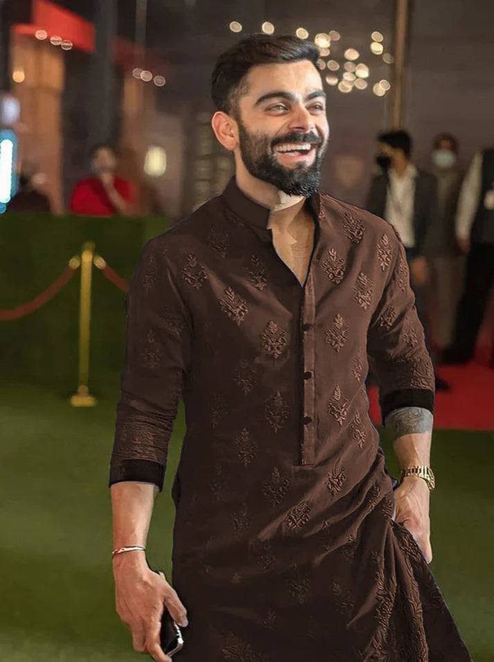 VK BROWN EMBRODRY MENS KURTA WITH PAJAMA