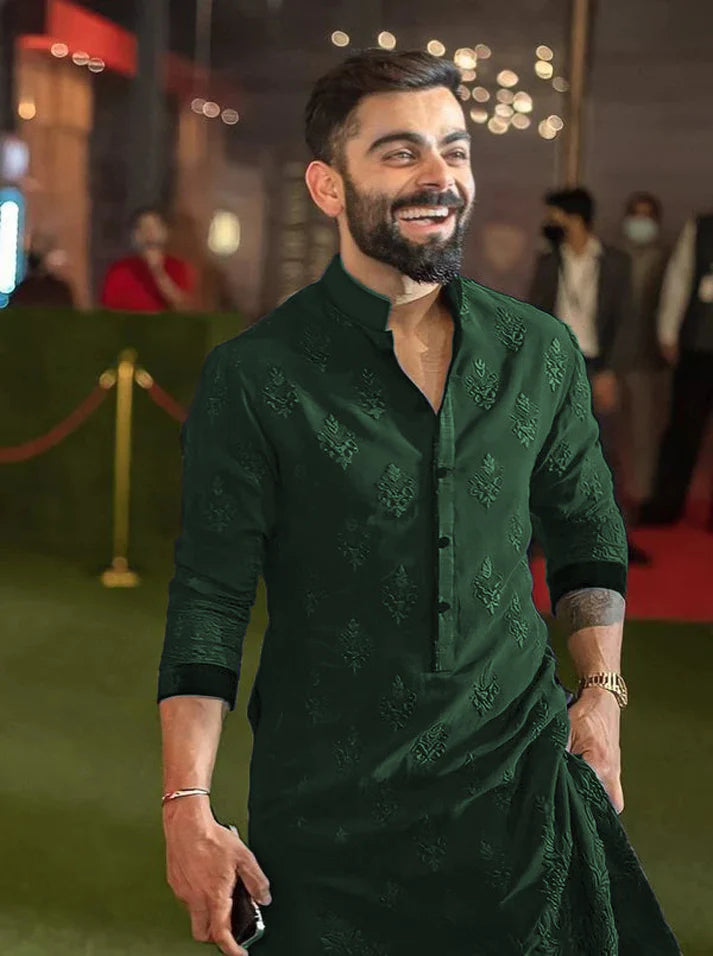 VK GREEN  EMBRODRY MENS KURTA WITH PAJAMA