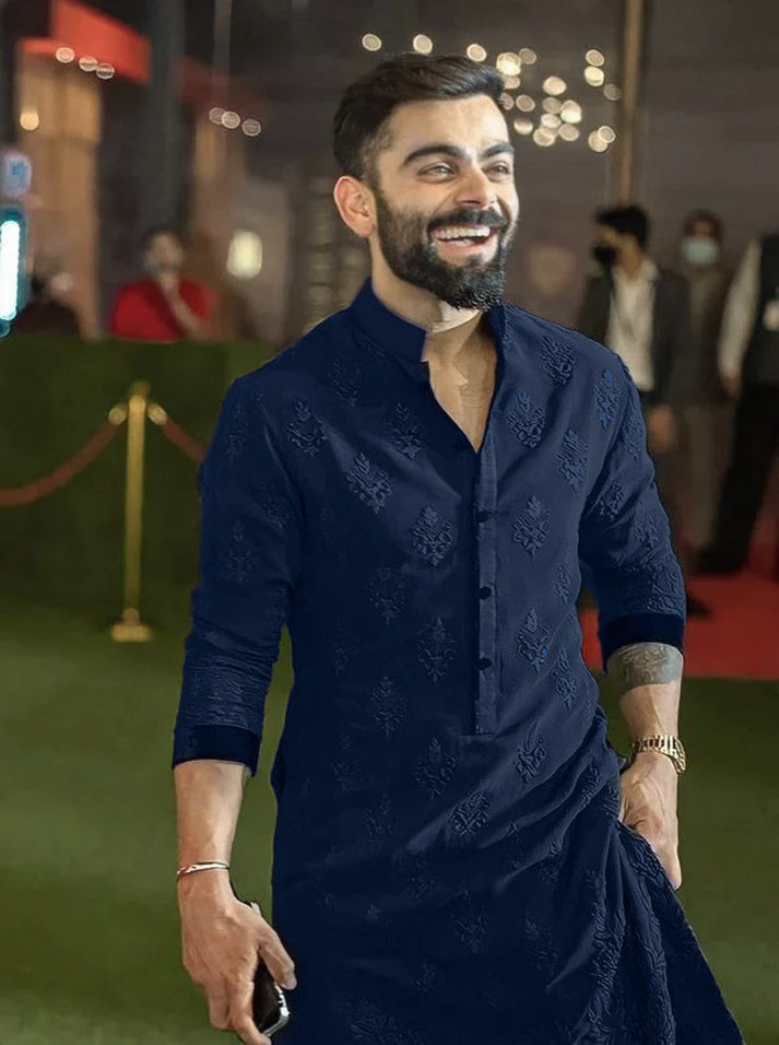 VK BLUE  EMBRODRY MENS KURTA WITH PAJAMA