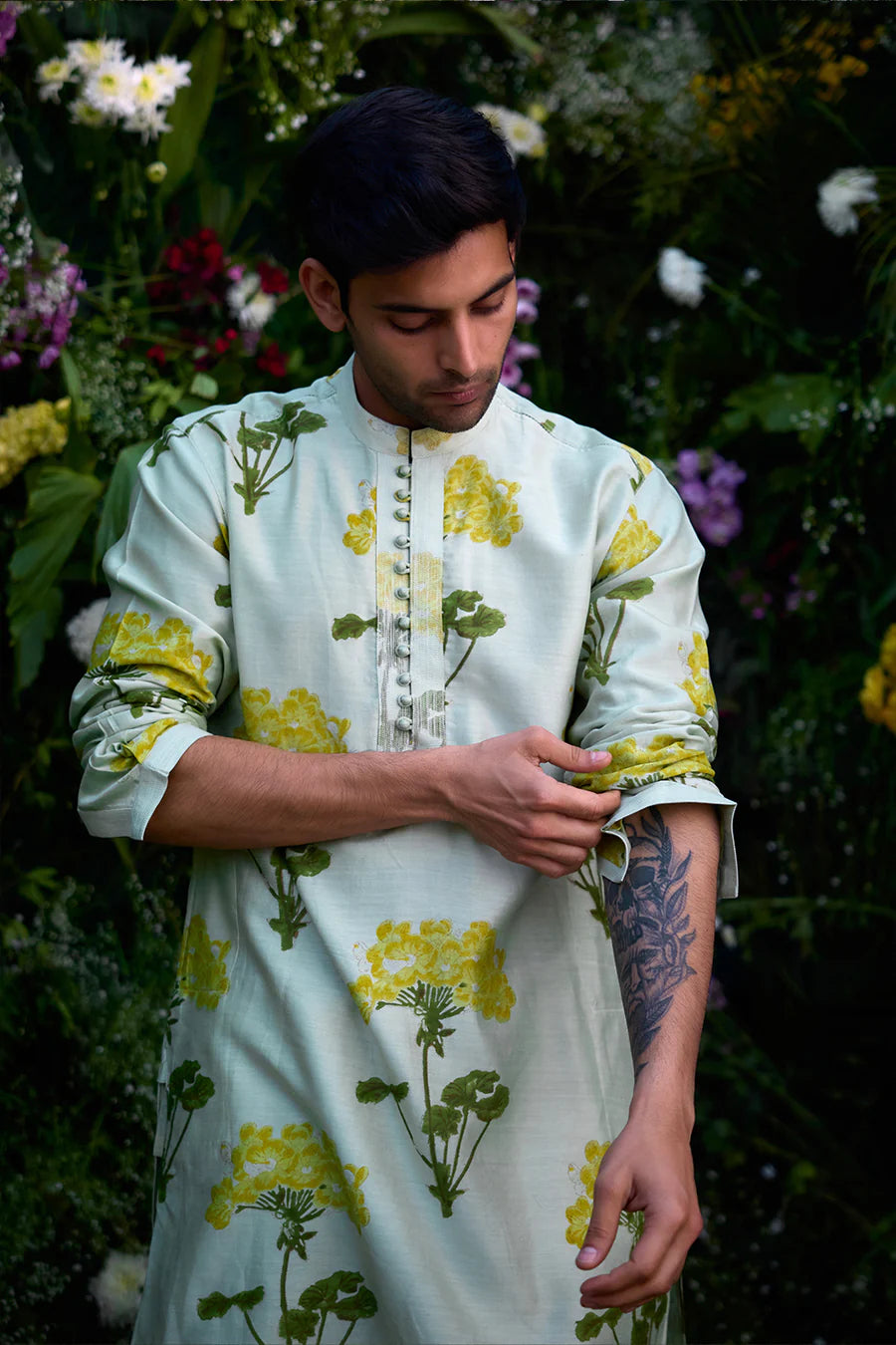 MIST GREEN FLORAL BLOCK PRINTED KURTA PAJAMA SET FOR MENS