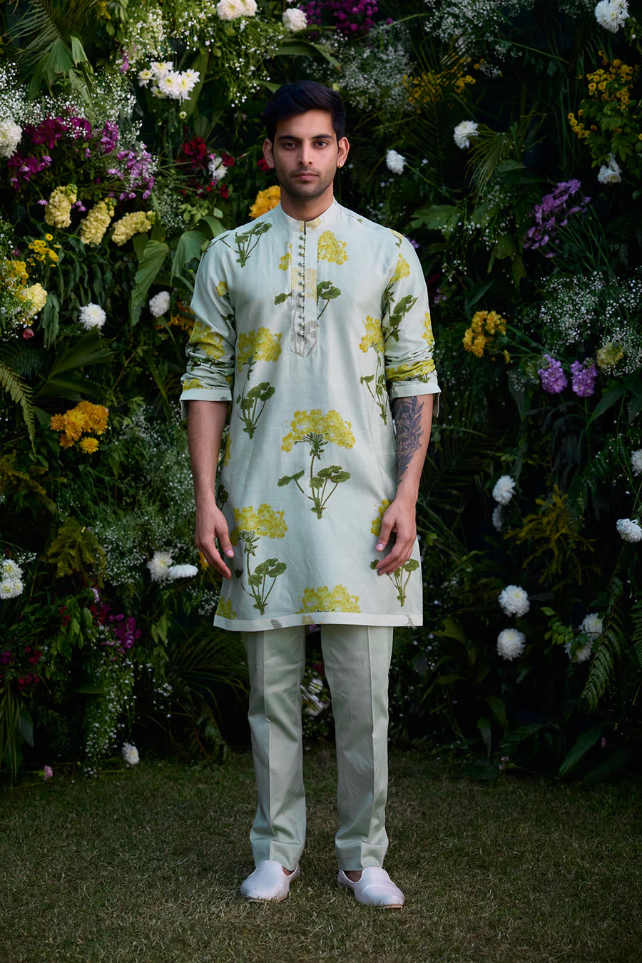 MIST GREEN FLORAL BLOCK PRINTED KURTA PAJAMA SET FOR MENS