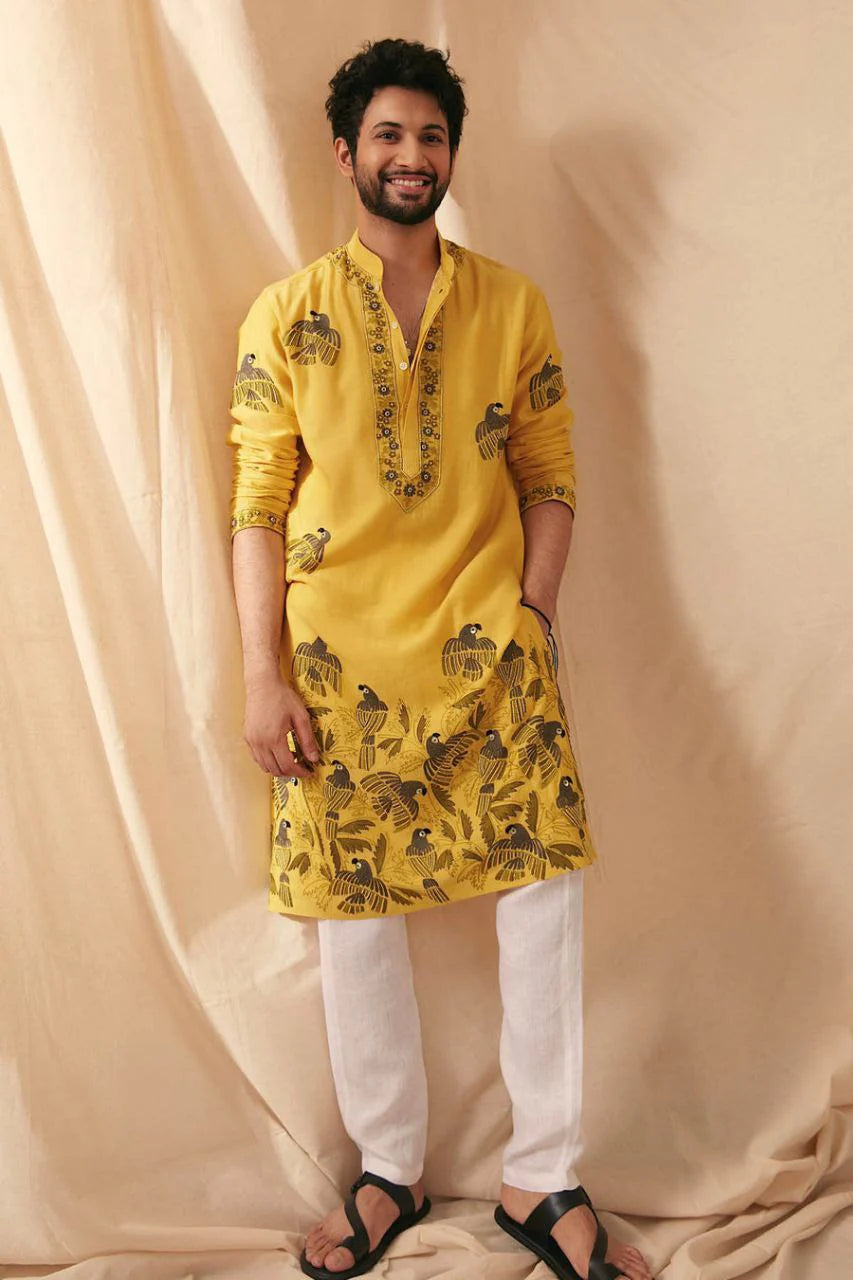 MUSTARD PARROT CHANDERI KURTA PAJAMA SET FOR MENS