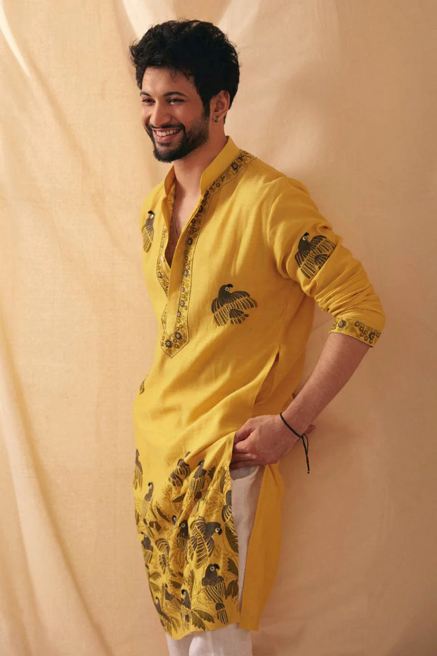 MUSTARD PARROT CHANDERI KURTA PAJAMA SET FOR MENS