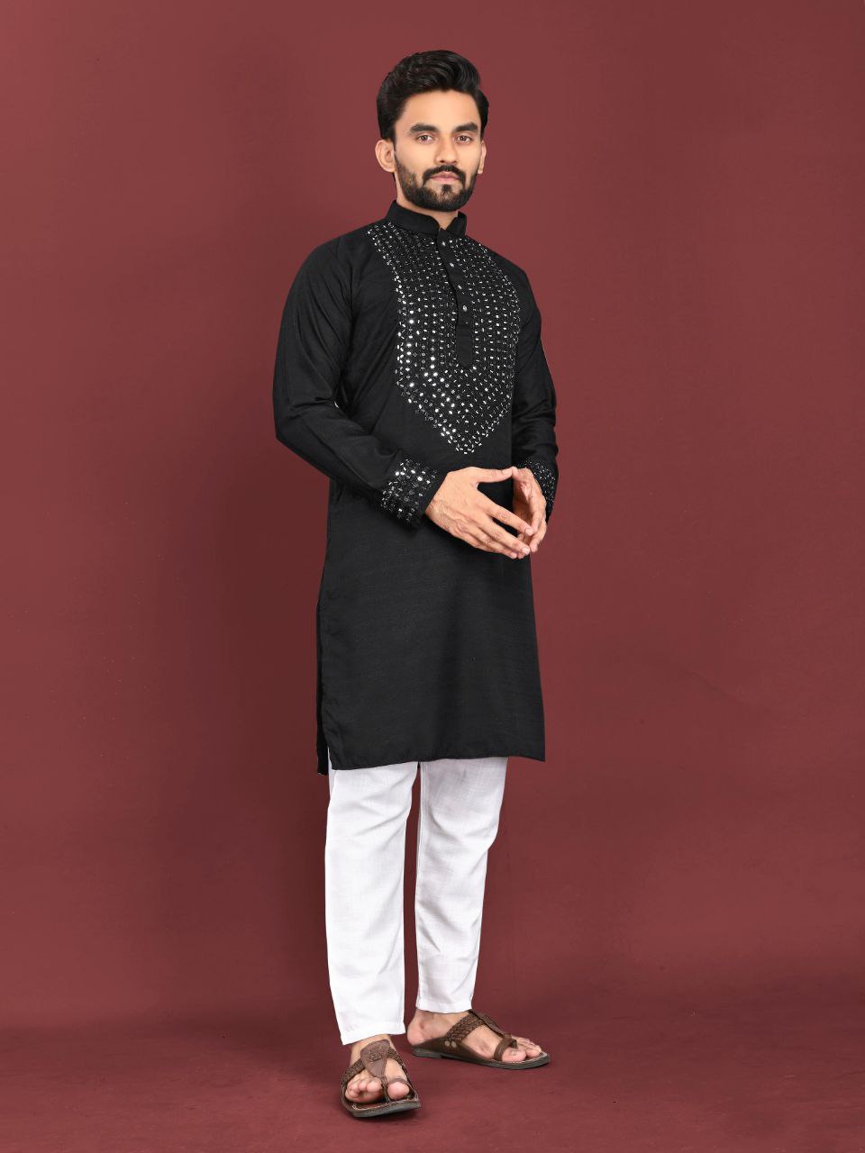 BLACK MEN'S KURTA PAJAMA SET IN SOFT SILK WITH REAL MIRROR WO RK ON NECK