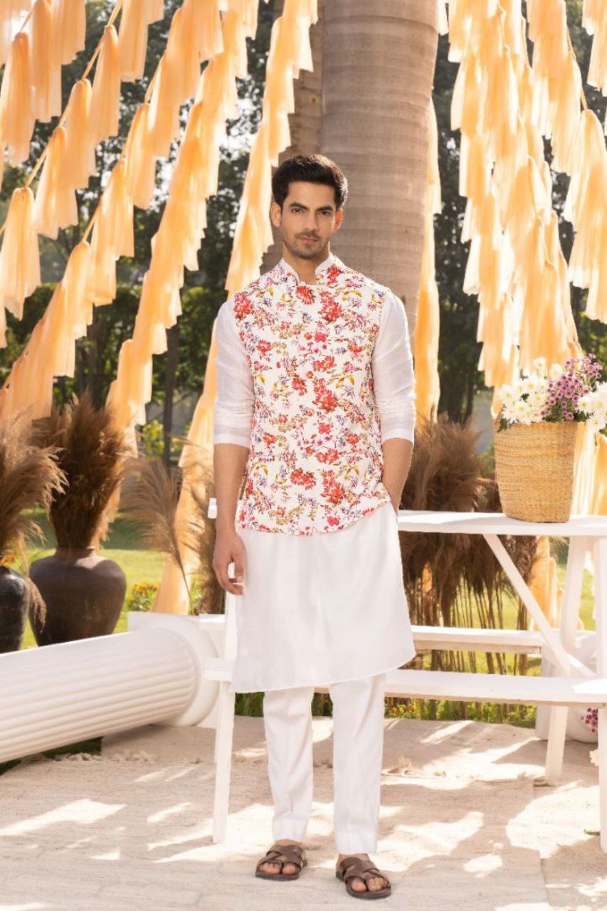 OFF WHITE MODEL SATIN PRINTED BOTANICAL BUNDI KURTA SET