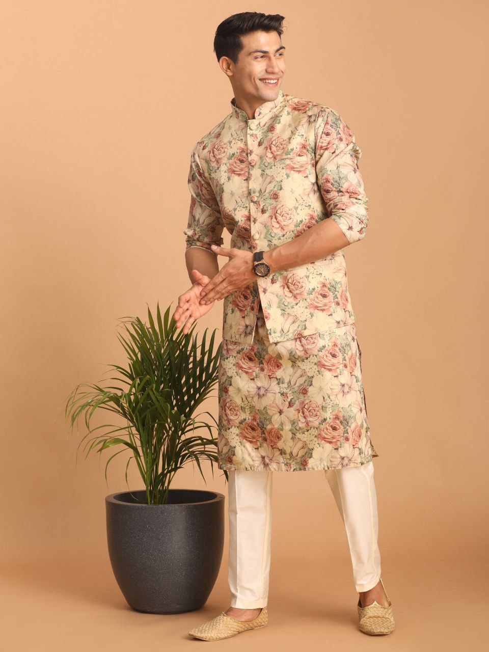 BEIGE COLOR REGULAR FIT FLORAL PRINT KURTA & PANTS WITH NEHRU JACKET